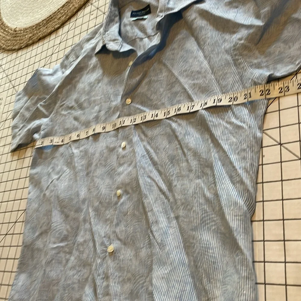 Peter Millar linen shirt, medium, blue & white stripe with subtle leaf print - Picture 7 of 8